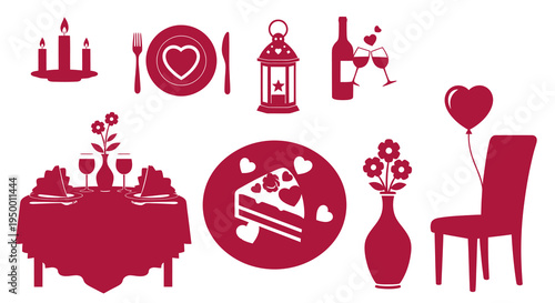 Romantic Dinner Icons: Candles, Table, Cake, Wine, Chair, Balloon