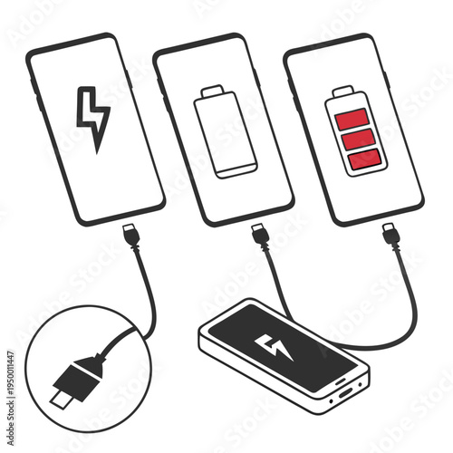 Smartphone charging icons: power bank, battery levels, battery level