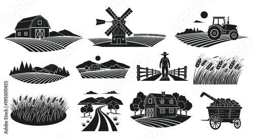 Black and White Farm Landscape Icons: Barn, Tractor, Windmill, Wheat, Farmer