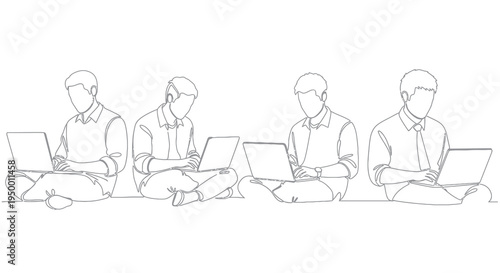 Minimalist Line Art of Four Men Working on Laptops