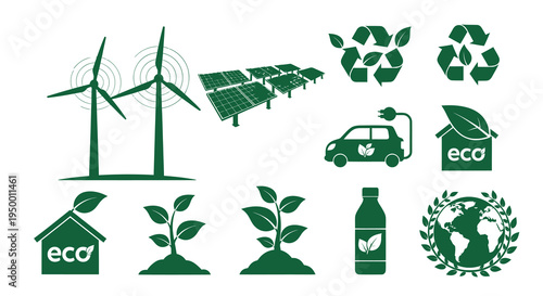 Eco-friendly green energy and sustainability icons: wind, solar, car, plant, globe