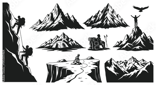 Black and White Vector Icons: Mountain Climbing, Hiking, Nature Adventure