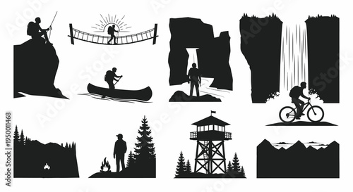 Black and White Outdoor Adventure Icons: Hiking, Biking, Camping