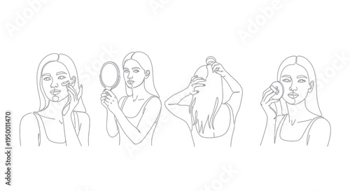 Black and White Line Art of Women Applying Makeup and Skincare