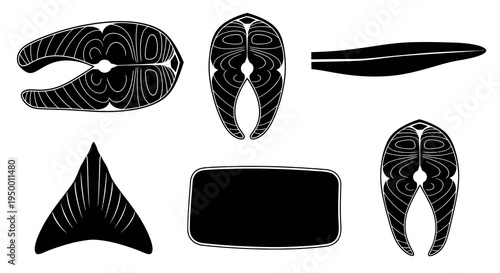 Black  White Vector Icons of Salmon Fish Cuts and Steak