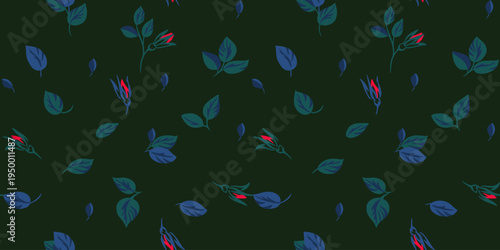 Seamless botanical pattern with blue leaves and small red buds on a dark green background. Elegant minimal vector floral texture ideal for textile, wallpaper, wrapping paper, packaging