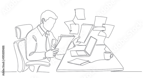 Businessman working at messy desk, line art vector, office paperwork
