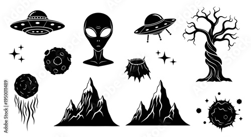 Black and White Alien UFO Spaceship Planets and Tree Icons Vector Pack