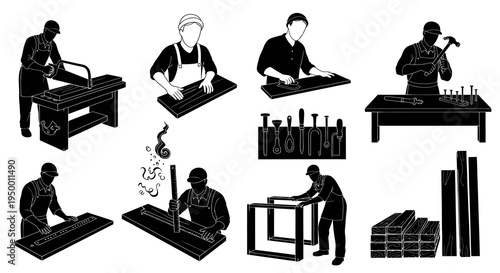 Black and White Silhouettes of Carpenters at Work in a Workshop