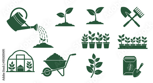 Garden icons: watering can, plants, greenhouse, wheelbarrow, tools, seeds