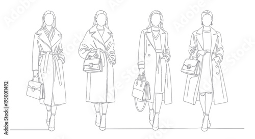 Fashion Illustration Line Art: Women in Coats with Handbags