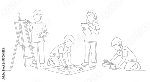 Children learning art, painting, drawing, creative activity line art