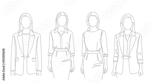 Black and White Line Art of Businesswomen in Professional Attire
