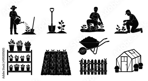 Farming and Gardening Icons: Silhouette Set of Agriculture Activities