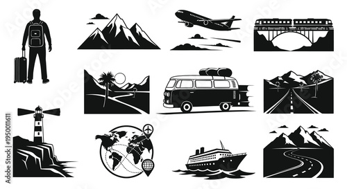 Travel Icons: Silhouette of Tourist with Suitcase, Mountains, Airplane, Train, Van, Lighthouse, Cruise Ship, World Map