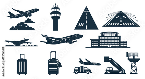 Airport Icons Set: Planes, Control Tower, Terminal, Luggage, Runways