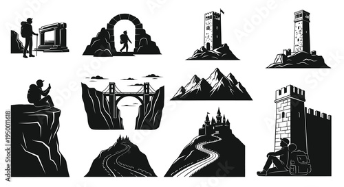 Black and white vector icons of hiking and adventure: mountains, castles, bridges