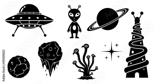 Space Alien UFO Planet Asteroid Rocket Tower Glyph Icons