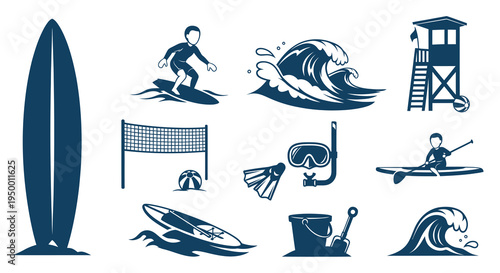Beach and Water Sports Icons - Surfing, Kayaking, Volleyball, Lifeguard Tower