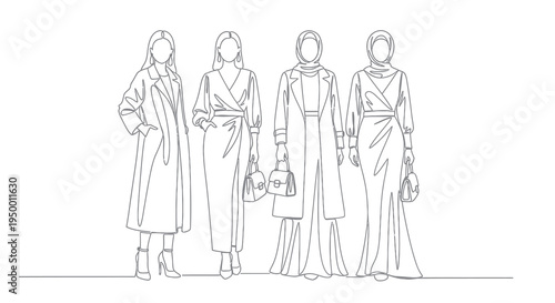 Fashionable women in modern clothing, black and white line art