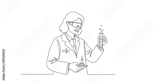 Scientist in Lab Coat Holding Beaker and Test Tube - Line Art
