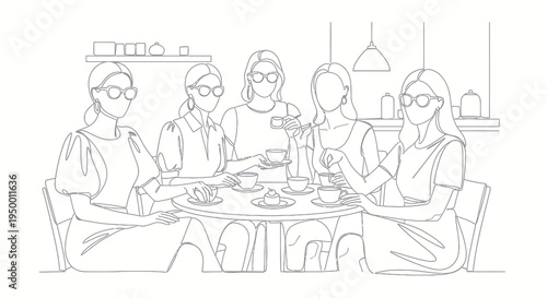 Women Friends Tea Time Cafe Line Art
