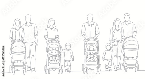 Black  White Line Art of Family with Strollers and Children