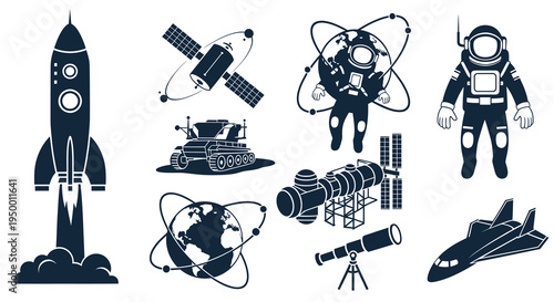 Space and Astronomy Icons: Rocket, Astronaut, Satellite, Rover, Telescope, Spaceship