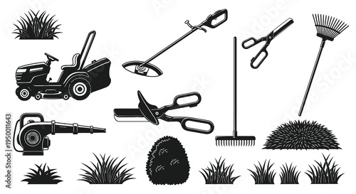 Black and White Garden Tools Icons and Illustrations Set