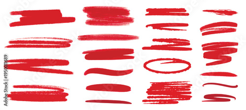 Set of red lines, strokes and underlines. Red paint strokes for highlighting. Textured watercolor elements, vector graphics