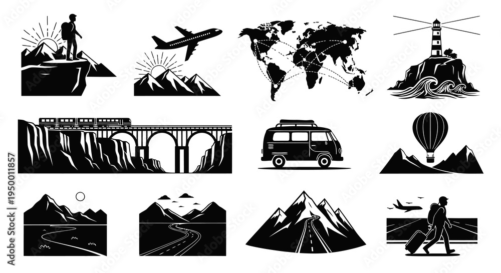 Obraz premium Black White Travel Icons: Mountains, Airplane, Train, World Map, Lighthouse