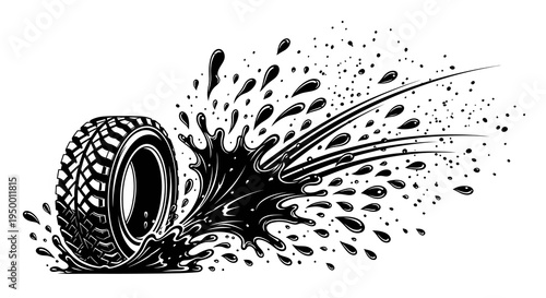 Black and white tire splashing mud, automotive vector art