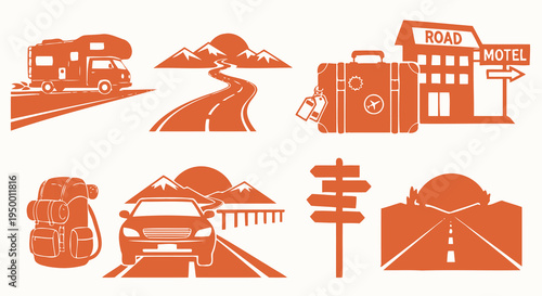 Road trip icons: RV, car, suitcase, motel, backpack, road signs