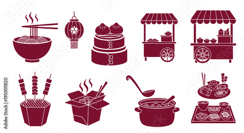 Chinese Food Icons Set - Street Food, Noodles, Dumplings, Lantern, Asian Cuisine