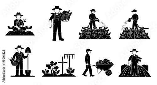 Farmers in Black and White Glyph Style, Cultivating and Harvesting Crops