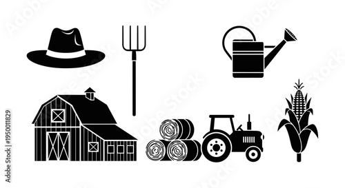 Farming icons: barn, tractor, hat, pitchfork, watering can, corn, hay bales