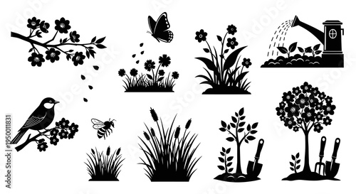 Black  White Garden Icons: Bird, Bee, Butterfly, Plants, Trees, Tools