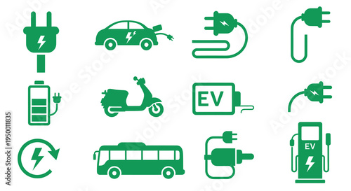 Electric Vehicle Icons: EV Charging, Battery, Car, Bus, Scooter, Station