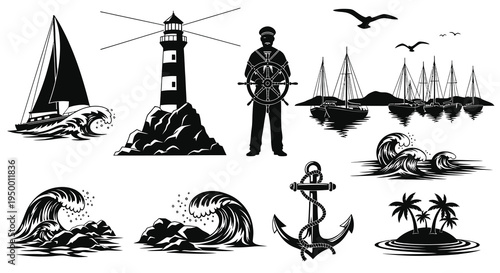 Nautical Vector Set: Lighthouse, Sailboat, Sailor, Anchor, Waves, Island, Birds