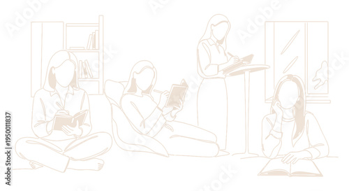 Line art of women studying and reading at home