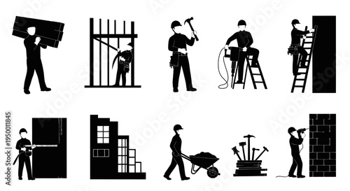 Construction workers and tools, building industry glyph icons, black and white