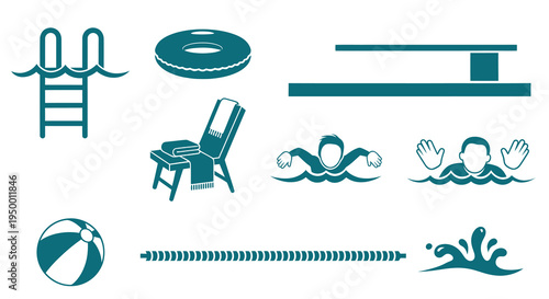 Swimming Pool Icons Set: Diving Board, Ladder, Tube, Chair, Ball, Swimmers