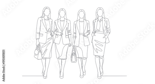 Black and White Line Art of Four Businesswomen Walking