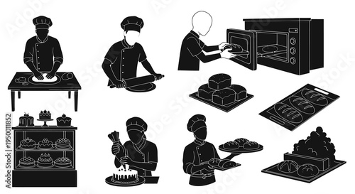 Black and White Bakery Icons: Chefs, Oven, Cakes, Bread, Baking