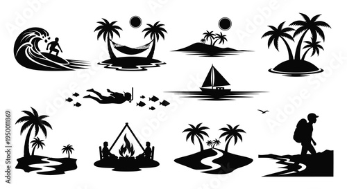 Black  White Vector Silhouettes of Tropical Island Activities and Vacation Icons
