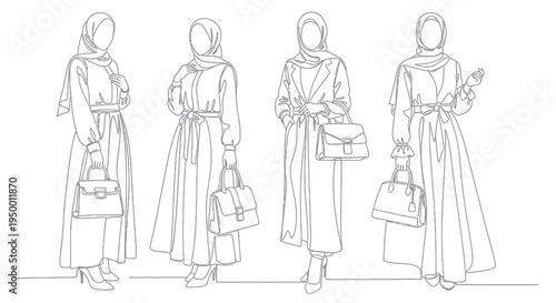Minimalist Line Art of Women in Hijab with Handbags