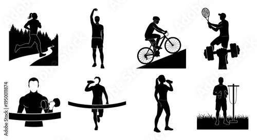 Black  White Silhouettes of People Exercising: Running, Cycling, Weightlifting, Tennis