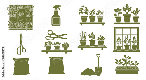 Garden Tools and Plants Icon Set, Silhouette Style