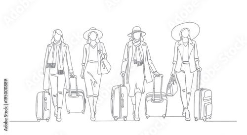 Black  White Line Art of Four Women Traveling with Luggage