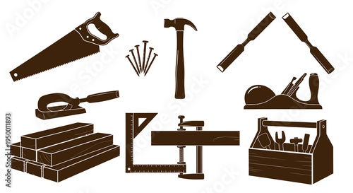 Set of Brown Woodworking Tools Icons - Construction  DIY